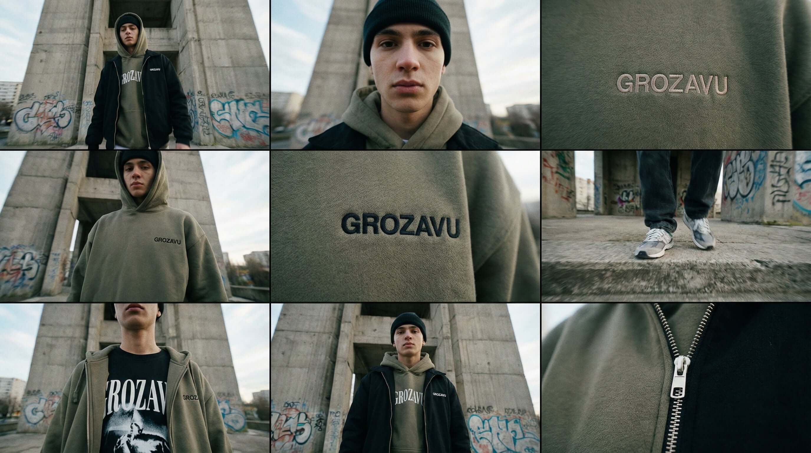 Model in Berlin trägt Grozavu Loose Wide-Leg Sweatpants und Letter Patchwork Jacket streetwear outfit.