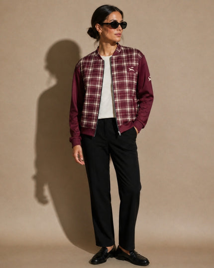 Model wearing the Heritage Tartan Bomber in Bordeaux in the studio, full-length front view