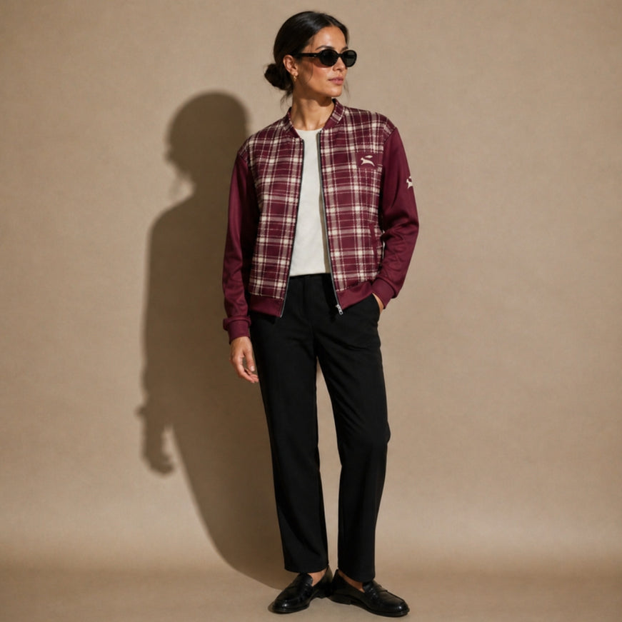 Model wearing the Heritage Tartan Bomber in Bordeaux in the studio, full-length front view