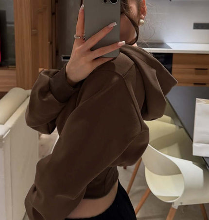 Solid Color Zip Hoodie – Casual Fit in classic brown color, showcasing a relaxed fit and hooded design.