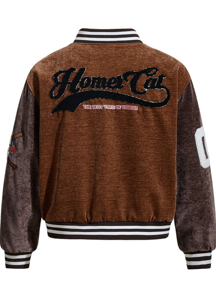 Model wearing Brown baseball jacket , heavy coat by Grozavu