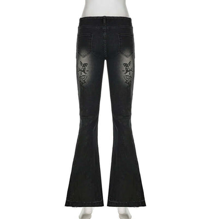 Retro Plant Print Slim Flared Jeans showcasing a back view with butterfly plant print detail and flared leg design.