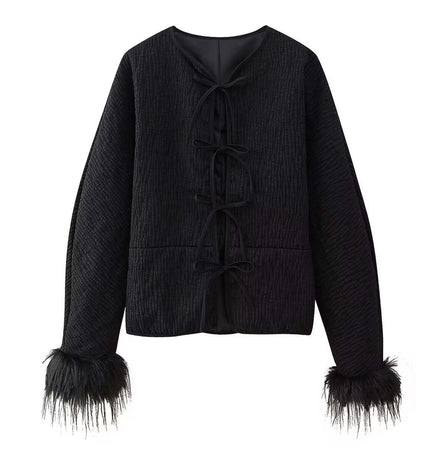 Fur Cuff Single Breasted Jacket with black fabric and fur-trimmed cuffs, perfect for casual outfits.