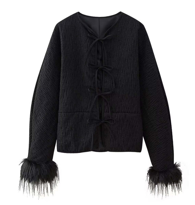 Fur Cuff Single Breasted Jacket with black fabric and fur-trimmed cuffs, perfect for casual outfits.