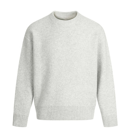 Semi-High Neck Simple Knit Sweater in light gray color, showcasing a loose-fit silhouette and soft fabric design.