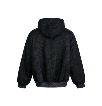 Back view of the Lamb Wool Cotton Double-Sided Jacket showcasing the hood and loose-fit design.