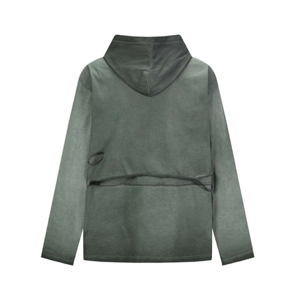 Back view of Retro Letter Print Hoodie – Loose Fit in green, featuring a trendy design with distressing and soft fabric.