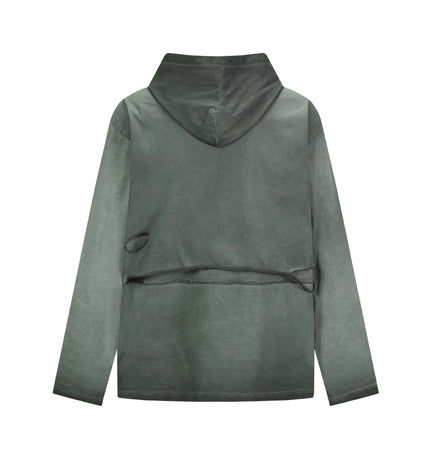 Back view of Retro Letter Print Hoodie – Loose Fit in green, featuring a trendy design with distressing and soft fabric.