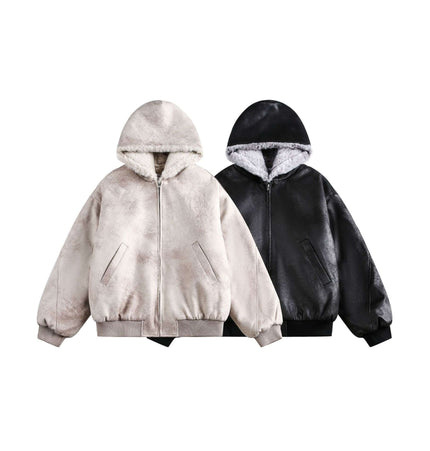 Crack Pattern Leather Jacket – Loose Fit in black and apricot color options, showcasing stylish street aesthetic.