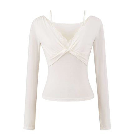 Top cu mânecă lungă din dantelă răsucită