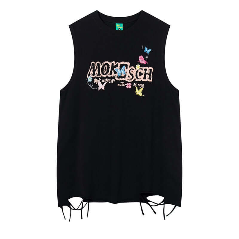 Front view of Butterfly Letter Embroidery Vest Top - Grozavu brand streetwear