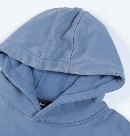 Washed Rhinestone Letter Hoodie – Loose Fit close-up of hood in washed blue color