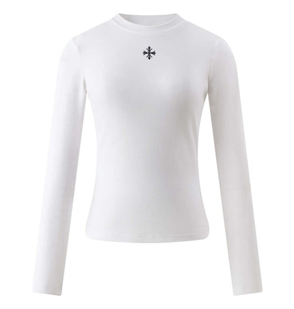 Long Sleeve Printed TShirt - Slim Fit in white with a subtle cross print, ideal for casual wear and layering.