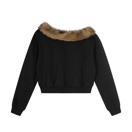 Retro Dachshund Hoodie - Loose Fit featuring cozy black fabric and a stylish faux fur collar from the back view.