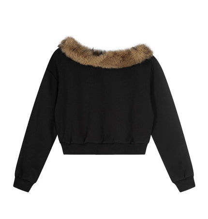 Retro Dachshund Hoodie - Loose Fit featuring cozy black fabric and a stylish faux fur collar from the back view.