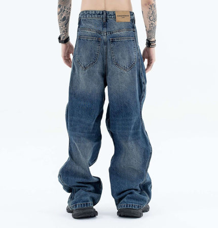 Wave Washed Distressed Jeans – Loose Fit showcased from the back, highlighting the relaxed fit and distressed details.