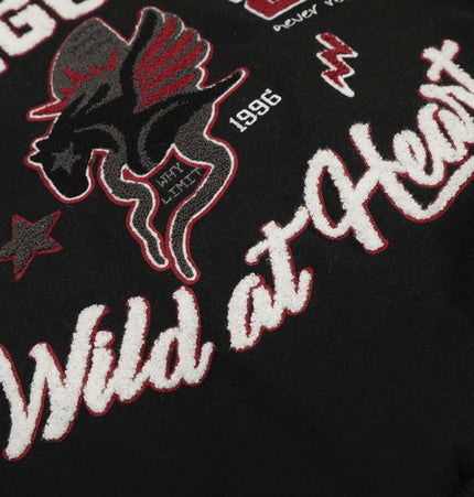 Heavy Embroidery Baseball Jacket – Thick Fit featuring bold embroidery design with 'Wild at Heart' text.