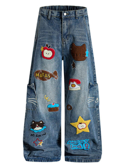 Model wearing Denim Blue velvet cartoon embroidery knife by Grozavu