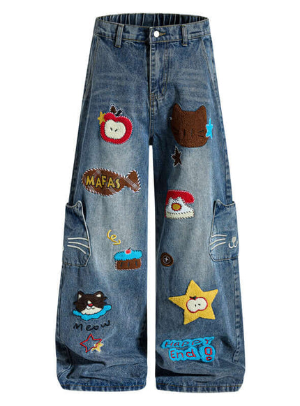 Model wearing Denim Blue velvet cartoon embroidery knife by Grozavu