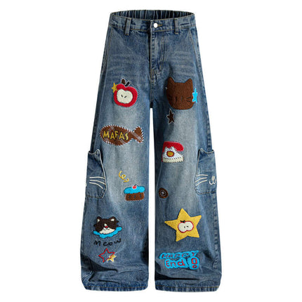 Model wearing Denim Blue velvet cartoon embroidery knife by Grozavu