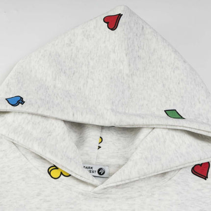 Casual Fit Plum Blossom Retro Hoodie with colorful heart patterns on the hood, showcasing unique design and style.