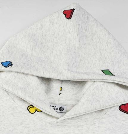 Casual Fit Plum Blossom Retro Hoodie with colorful heart patterns on the hood, showcasing unique design and style.