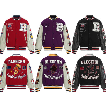 Heavy Embroidery Baseball Jacket – Thick Fit in various colors and designs showcasing bold street-fashion style.