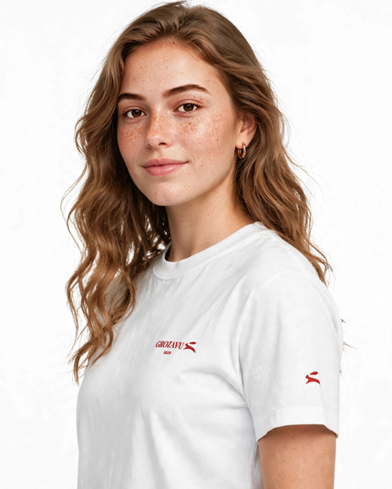 White 200 g/m² organic cotton high neck tee, relaxed front view