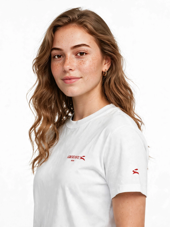 White 200 g/m² organic cotton high neck tee, relaxed front view