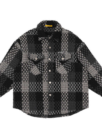 Model wearing Black tweed checkered coat , by Grozavu