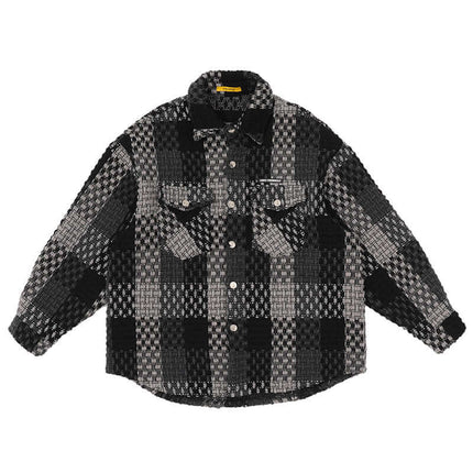 Model wearing Black tweed checkered coat , by Grozavu