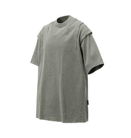 Washed Spliced Distressed TShirt – Loose Fit in grey with relaxed hip-hop aesthetic and splicing details.