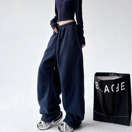 Sherpa Fleece Straight Pants - Loose Fit in dark navy color, featuring a drawstring waist and oversized look.