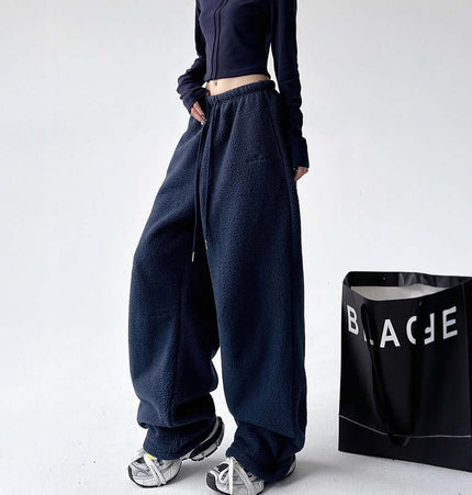 Sherpa Fleece Straight Pants - Loose Fit in dark navy color, featuring a drawstring waist and oversized look.
