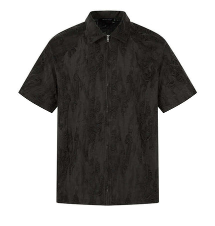 Distressed Short Sleeve Shirt - Loose Fit featuring a modern design with a zipper, perfect for casual streetwear.