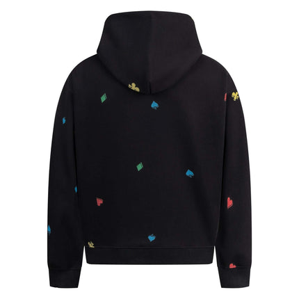 Casual Fit Plum Blossom Retro Hoodie featuring a black background with colorful heart and diamond designs on the back.