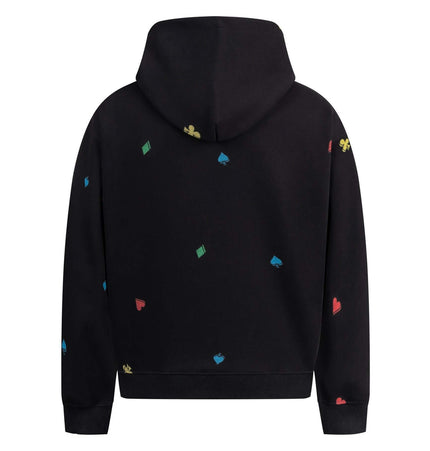 Casual Fit Plum Blossom Retro Hoodie featuring a black background with colorful heart and diamond designs on the back.