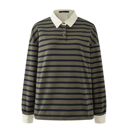 Striped Lapel Polo Shirt in olive green with navy stripes and a white collar, offering casual yet stylish comfort.