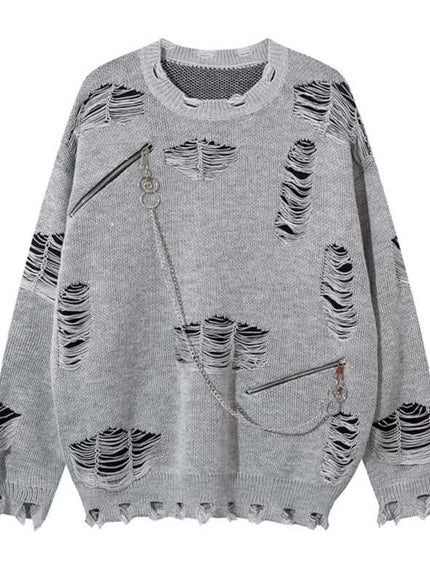 Back view of Black knitted sweater ripped chain splicing by Grozavu