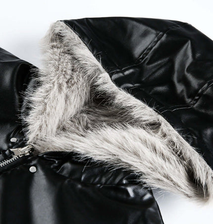 Oversized Reversible Hooded Parka with faux leather hood and fur trim for stylish winter warmth.