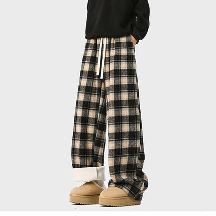Fleece-Lined Winter Pants - Loose Fit featuring a relaxed, vintage plaid design for casual winter style.
