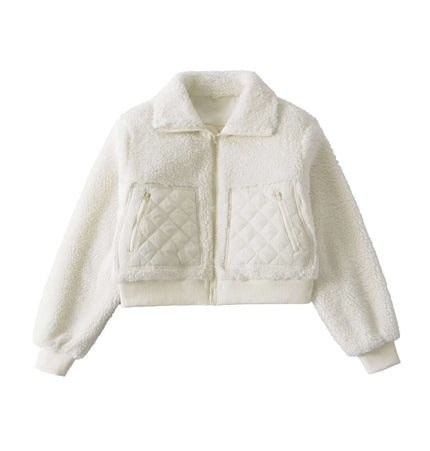 Winter Lamb Wool Quilted Cotton Jacket in white with quilted pockets and soft, warm texture for stylish winter wear.