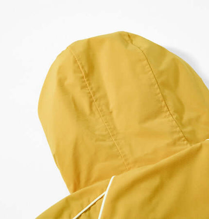 Close-up view of the hood of the Retro Hooded Zip Jacket – Loose Fit in a vibrant yellow color.