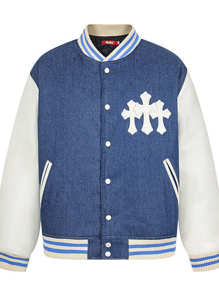 Model wearing Blue patchwork color blocked jacket by Grozavu