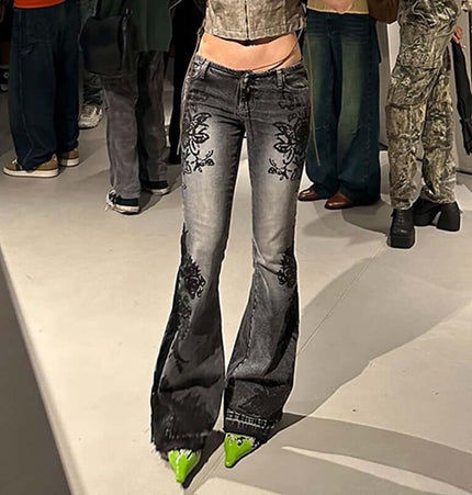 Retro Plant Print Slim Flared Jeans showcased in a stylish streetwear outfit with vintage-inspired details.