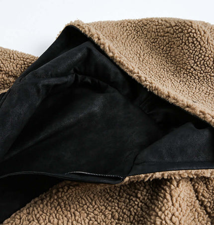 Lamb Wool Cotton Double-Sided Jacket interior featuring soft fleece lining and hooded neckline.
