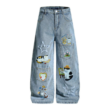 Front view of Cartoon Embroidery Denim Pants, - Grozavu brand streetwear