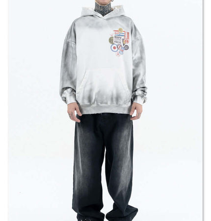 Straight Loose Fit Denim Jeans worn with a stylish graphic hoodie, featuring a relaxed streetwear aesthetic.