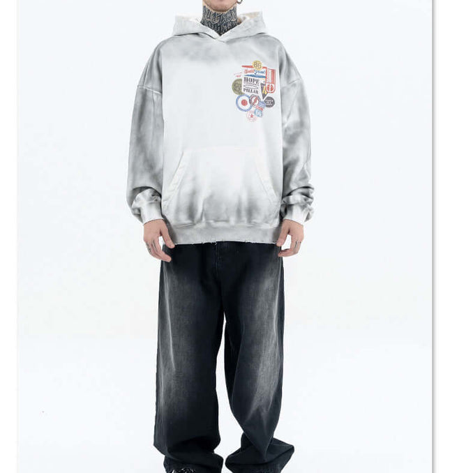 Straight Loose Fit Denim Jeans worn with a stylish graphic hoodie, featuring a relaxed streetwear aesthetic.