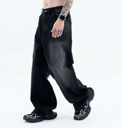 Person wearing Straight Loose Fit Denim Jeans in black, showcasing relaxed streetwear style and modern casual look.